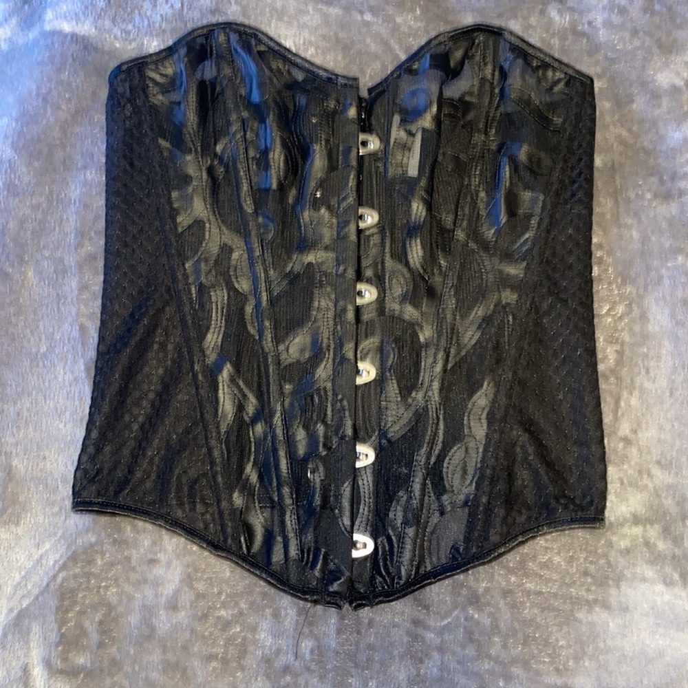 Black Bustier/Corset Sheer/Lace Fishnet look Front Faux Leather design Size XS